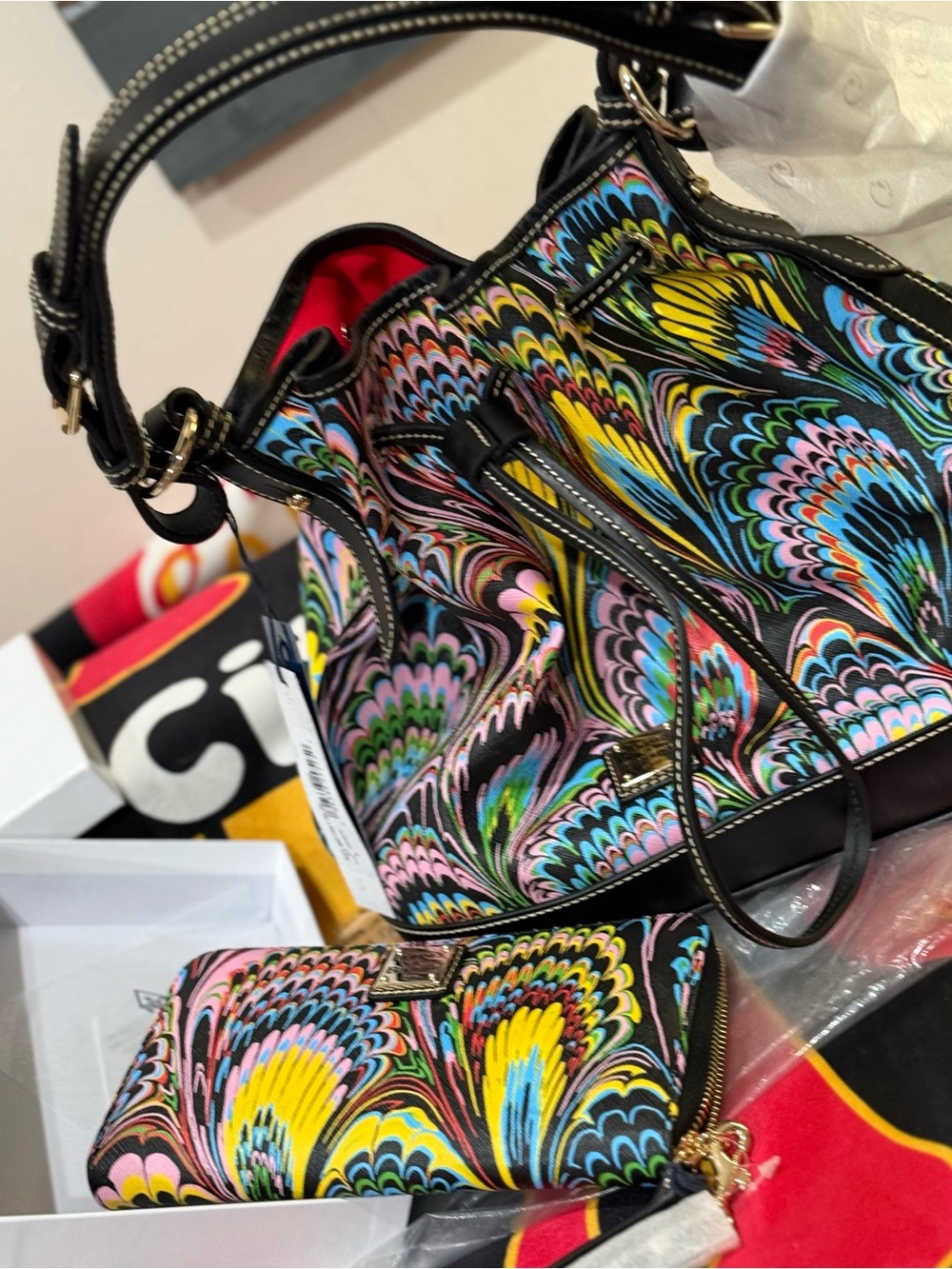 Dooney & Bourke Multicolor Peacock-Print Tote w/Matching XL Zip Around Wallet. - Picture 1 of 13